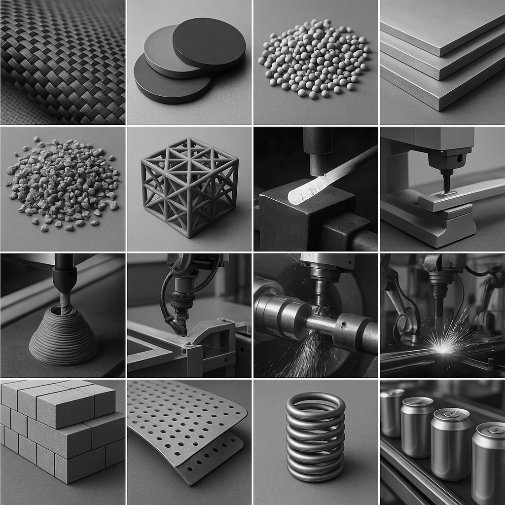 Klare technische Darstellung von Materialtechnologien und Fertigungsverfahren in strukturierter bersicht No visible text no words no letters