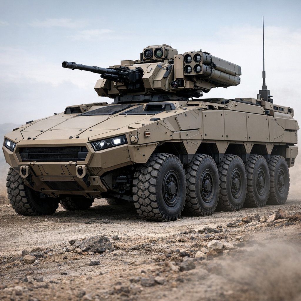 Modernes DefenseFahrzeug mit optimiertem Gewichtsmanagement und verbesserter Einsatzfhigkeit No visible text no words no letters