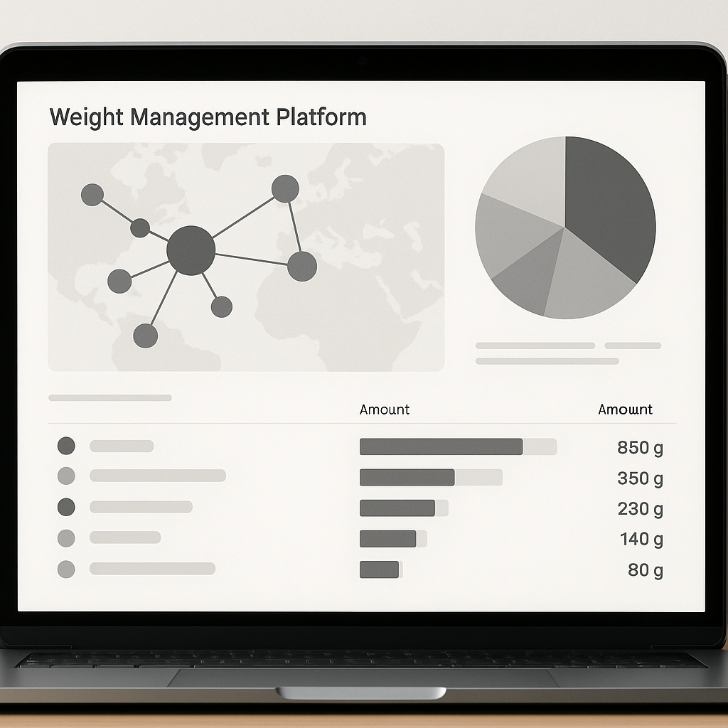 bersichtliche Darstellung der GewichtsmanagementPlattform mit Lieferantendaten und Komponentenmassen No visible text no words no letters